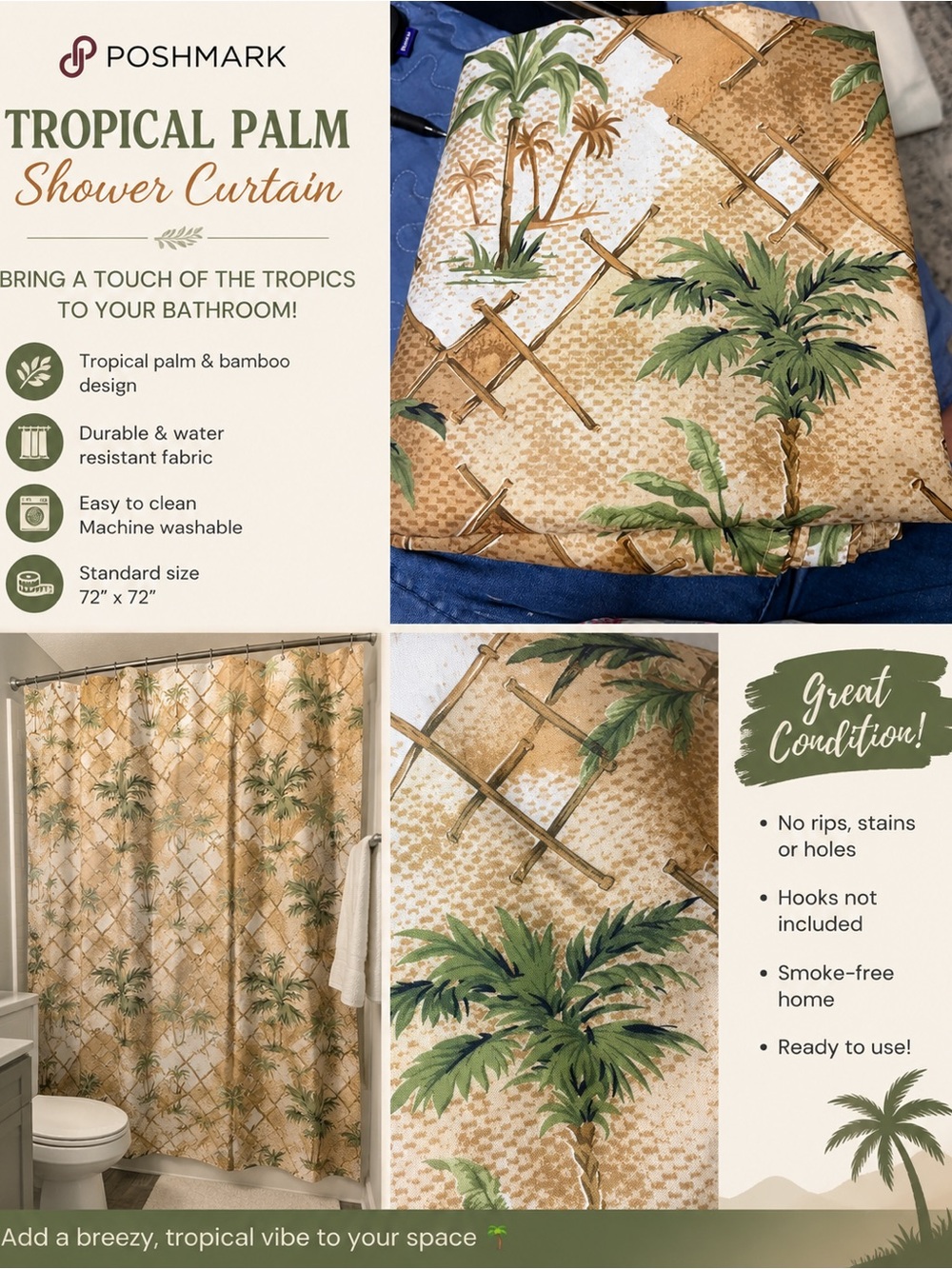 Tropical Palm Shower Curtain - Beige & Green